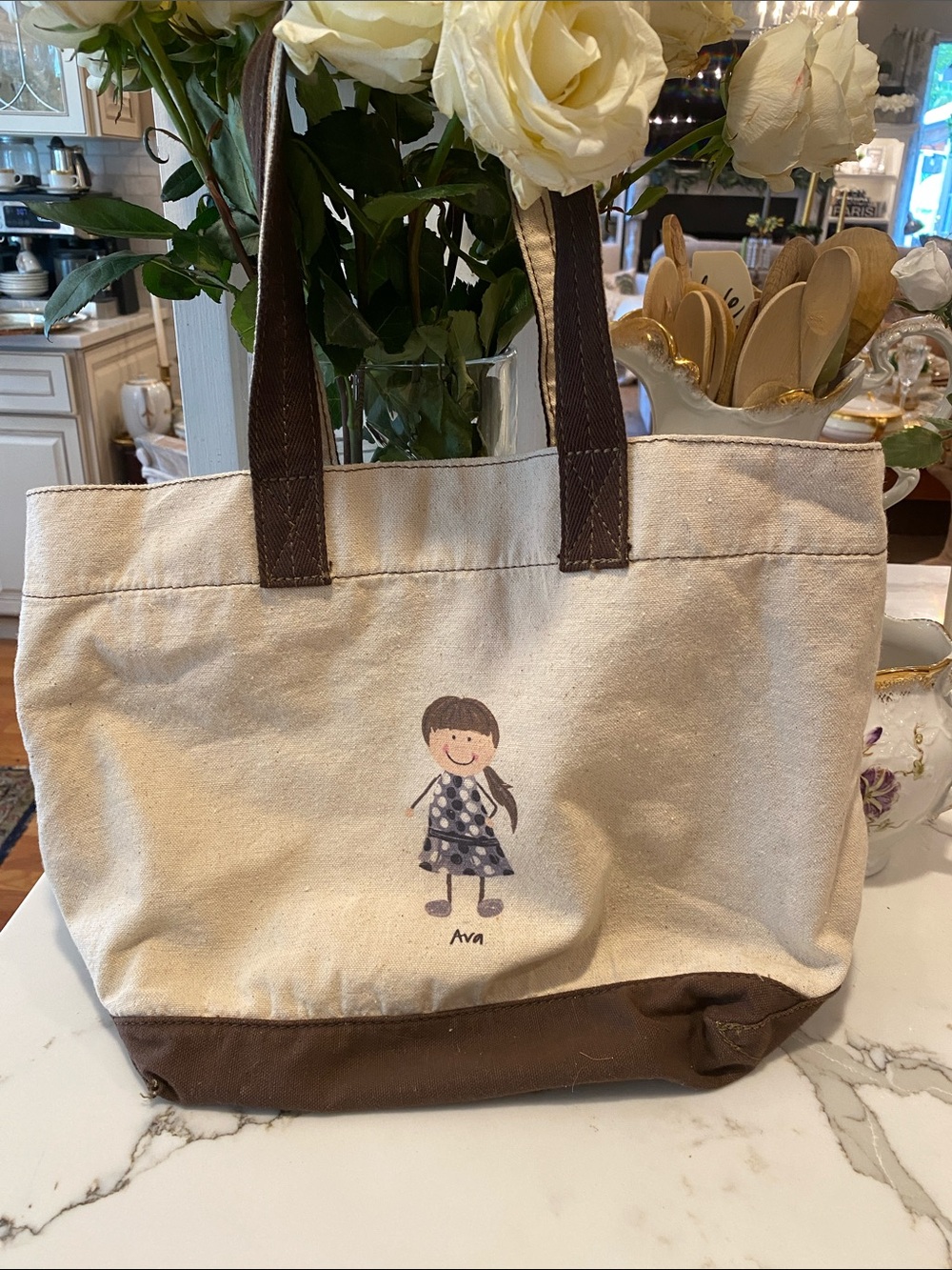 Canvas Tote Bag with Brown Accents - Ava Illustration